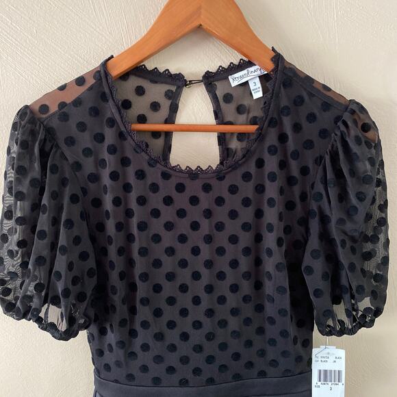 Xtraordinary Black Dress Polka Dot Short Puff Sleeve Sheer Skater Dress Size 3 - Picture 2 of 13